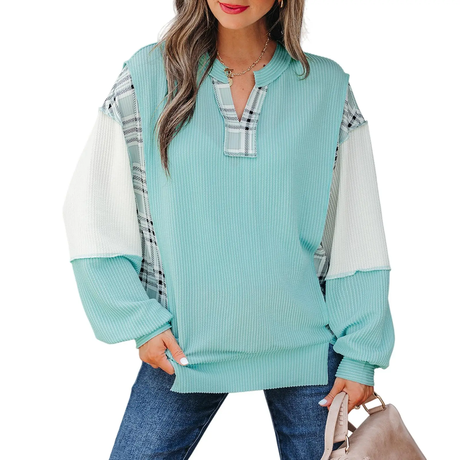 Asvivid Women's Corded Texture Plaid Colorblock Patchwork Split Neck Casual Long Sleeve Blouse - Comfortable Everyday Womenswear Top for Pairing with Jeans, Leggings - Fall, Spring Outfits