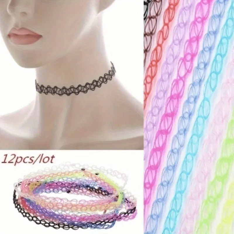 12pcs/set Fashionable FashionPunk Gothic  lace collar fishing line elastic necklace， Black Tattoo Choker For Girls, Party Favors