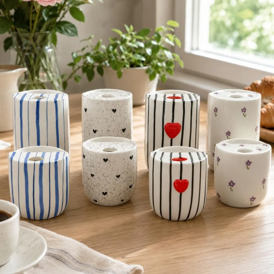 Handmade Ceramic Coffee Mug - Big Extra Large Striped Cup with Sip Hole, Microwavable, Washable Kitchen Drinkware, Perfect Gift for Coffee Lovers, Ideal for Home Use