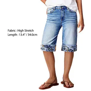 Flamingals Wash Roll Hem Embroidery Mid Waist Bermuda Shorts Womens Casual Denim