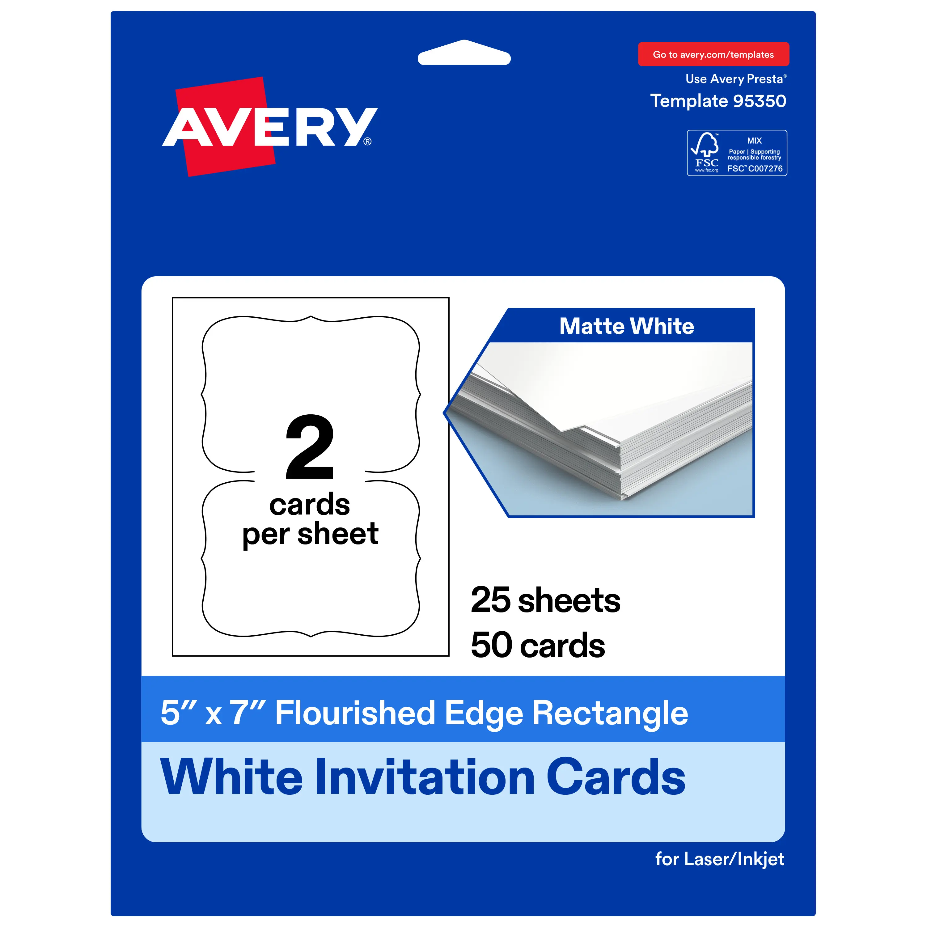 Avery Matte White Invitation Cards, 5" x 7" Rectangle Flourished Edge