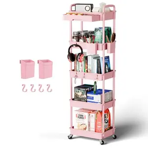 5 Tier Rolling Cart Organizer,Bathroom Cart Organizers with Wheels Laundry Room Organization Mobile Shelving Unit Utility Cart Storage Shelves Multi-Functional for Office, Home(Pink)
