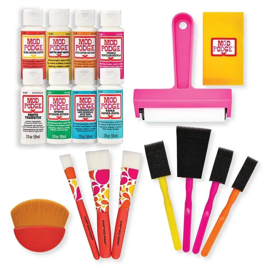 Mod Podge ® Essential Decoupage Kit - PROMOMPSPC24, Multi-Finish Quick Dry Adhesive for Decoupage Arts, Includes Brushes+Tools with Colorful Ferrule