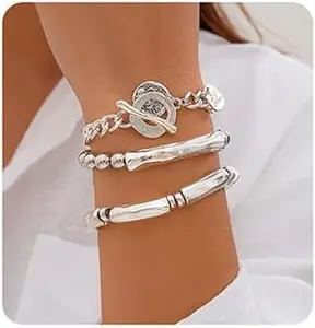 3 count Boho Layered Beaded Bracelets Set for Women Dainty Stretch Elastic Round Ball Beads Tube Chunky Chain Bracelets Stackable  Toggle Cuban Link Bracelets Trendy