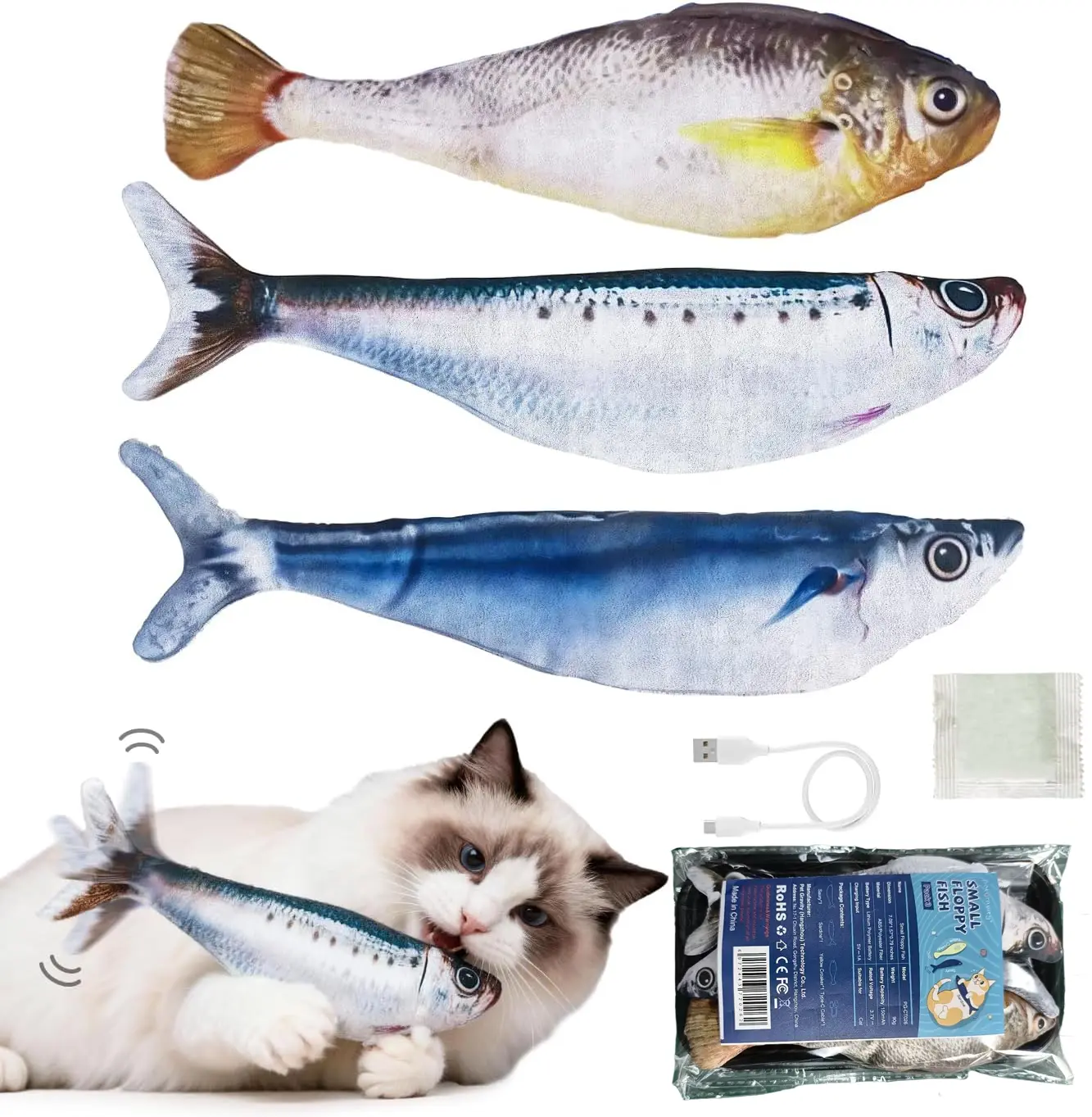 Plush Interactive Realistic Flopping Fish Cat Toys (3 Pack) - 3 Flapping Modes, Tap-Activated, Rechargeable, 7.1in, Sardine/Saury/Yellow Croaker, with Catnip, Enhances Indoor Exercise, for All Cat Breeds, Abs-Inclusive Design, Floating Fish, 7.1 Inches