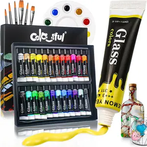 Colorful Acrylic Glass Paint Set, 1 Box Acrylic Paint with Brushes & Palette, Waterproof Acrylic Enamel Paint Kit for Porcelain, Window & Ceramic, DIY Painting Supplies