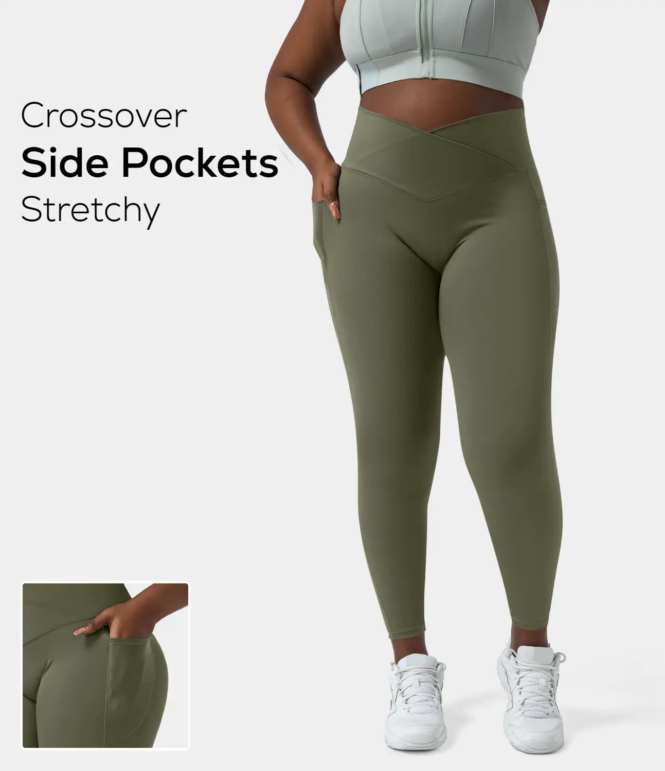 Halara Softlyzero High Waisted Crossover Side Pocket Plain Plus Size Full Length Leggings-UPF50+