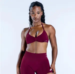 (With Logo) DFYNE Women's 2 Piece Seamless Halter Workout  - Ruched Sports Bra & High Waist Biker Shorts for Gym Yoga Quick-Dry Compression Fitness Set