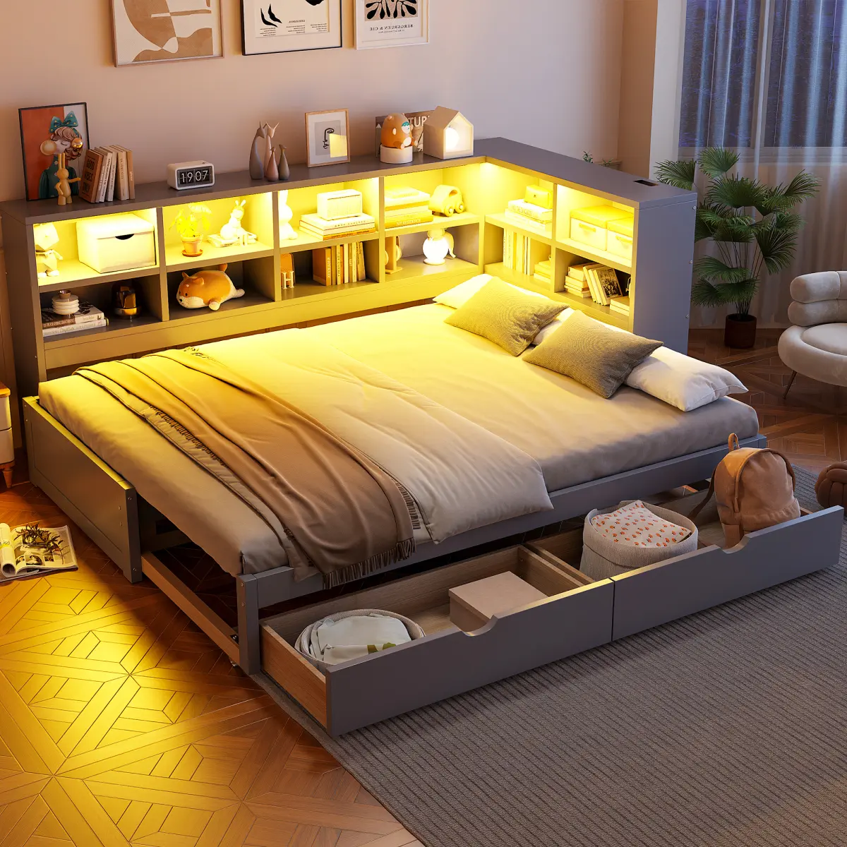 Twin XL to King Size Daybed with Trundle and Two Storage Drawers, Storage Cabinets LED Light and USB Ports, No Box Spring Needed, Gray