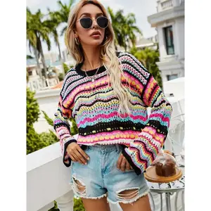 【Plus Size】 Rainbow Stripe Jacquard Hollow Out Sweater, Casual Long Sleeve Crew Neck Jumper for Fall & Winter, Women's Plus Clothing for Daily Wear, Tops