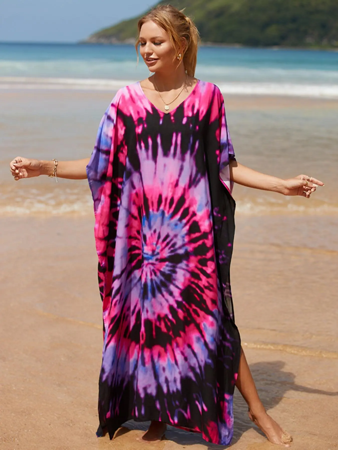 Plus Size Multicolor Tie Dye Batwing Sleeve Woven Kaftan, Boho Bohemian Style V Neck Split Thigh Dress, Beach Summer Casual Wear Clothes, Boho Summer Dresses, Women's Clothes, Boho Styles