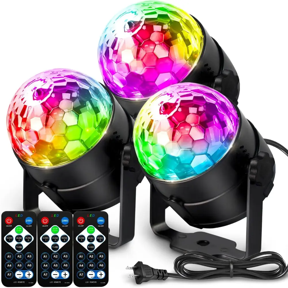 3-Pack Disco Ball DJ Party Lights, Sound Activated, with Remote Control, Strobe Lamp, 7 Modes, Stage Light for Home Room Dance Parties, Karaoke, Halloween, Christmas, Birthday Decorations