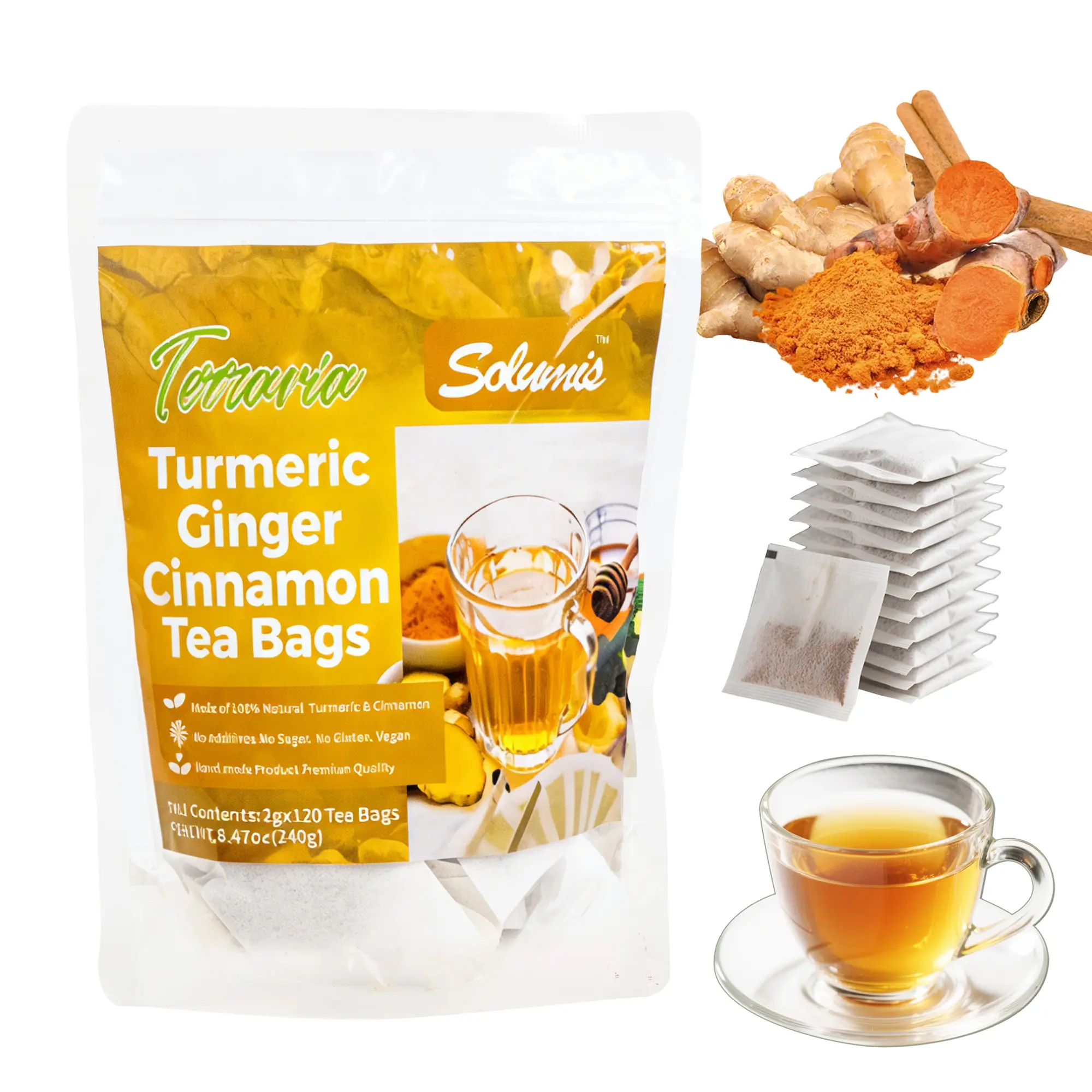Turmeric Ginger Cinnamon Tea, Improve Digestion, SupportBrain, Weight, Skin and Sleep, Eco-Conscious Tea Bags andPremium Natural Ingredients. 120 Bags Premium TurmericGinger Herbal Tea. No Sugar, No Caffeine, No Gluten, Vegan