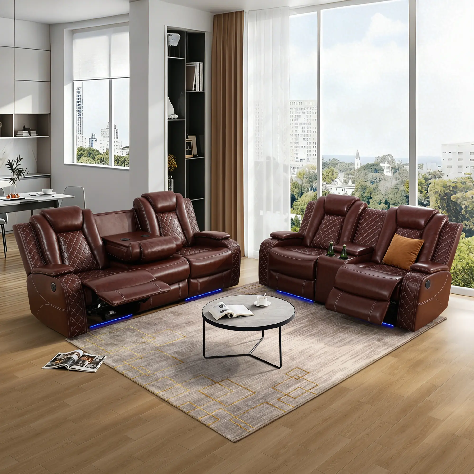 Premium Breathing Leather Living Room Electric Recliner Set - Spacious Sofa, Cozy Loveseat Furniture Collection for Comfortable, Elegant Luxury Living