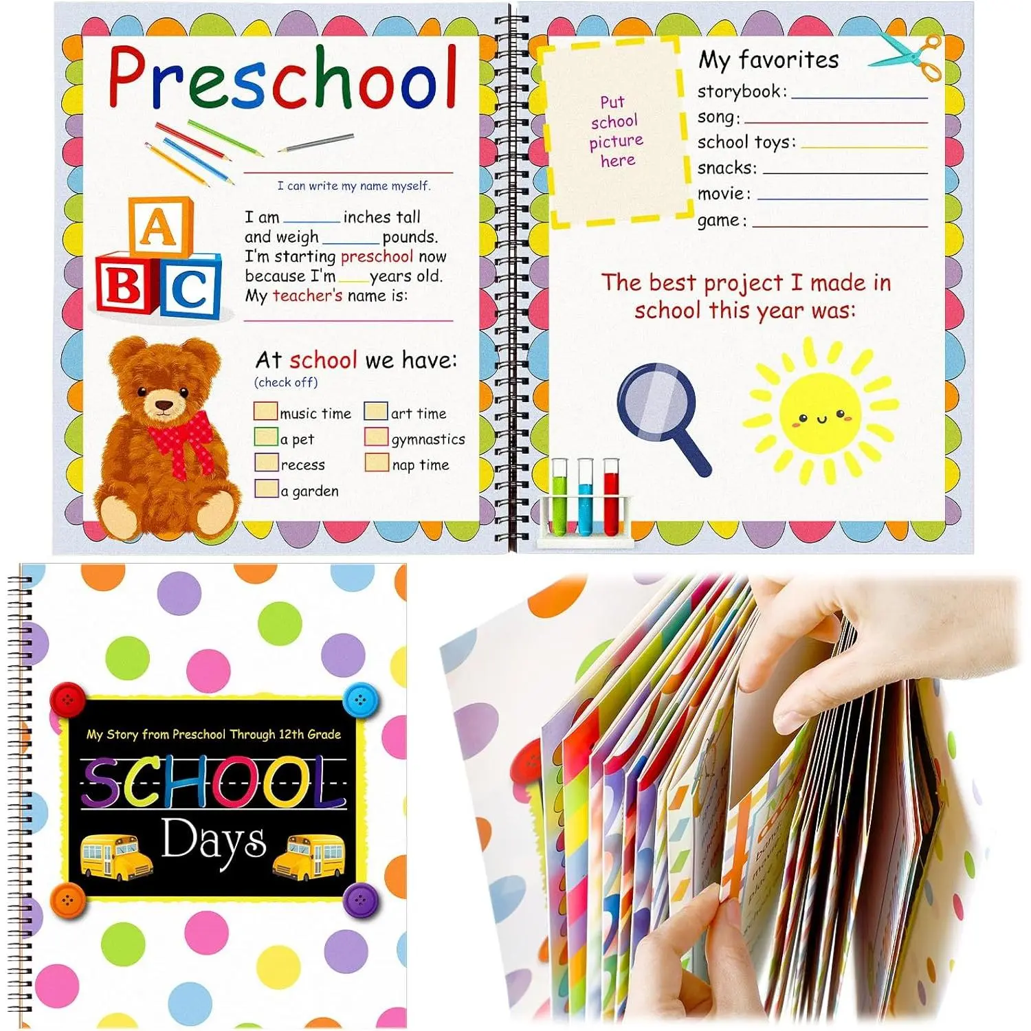 School Memory Book Photo Album for , School  Keepsake Book Album Scrapbook from  Through 12th Grade with 14 Pocket for Storage Portfolio Every Grade Pictures (Polka Dots)