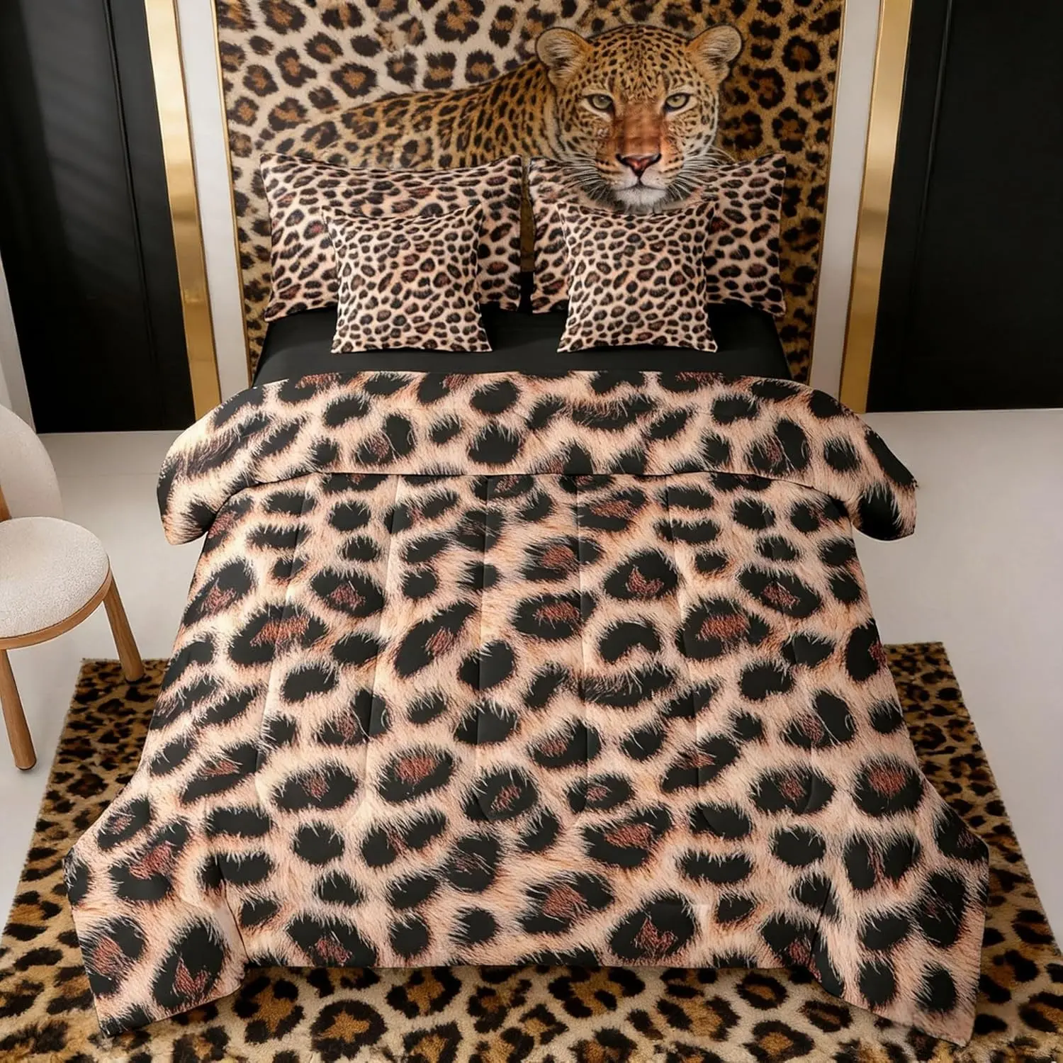 Leopard Bed in a Bag Leopard Fur Print 7 Piece Bedding Set,for Kids Boys Girls Decor Cheetah Comforter Set with Sheets,Pillowcases & Cushion Cover Microfiber Safari Wild Life Bedroom Decor