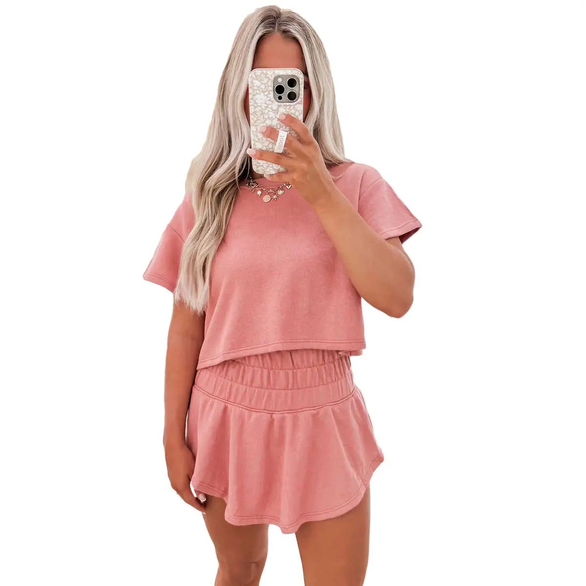 Women's 2-Piece Casual Skort Set - Short-Sleeve Crew Neck Cropped Tee, Ruffle High-Waist Skort, Cotton-Elastane-Polyester Blend, for Day Wear, Clothes, Women's Clothes, High-Waisted