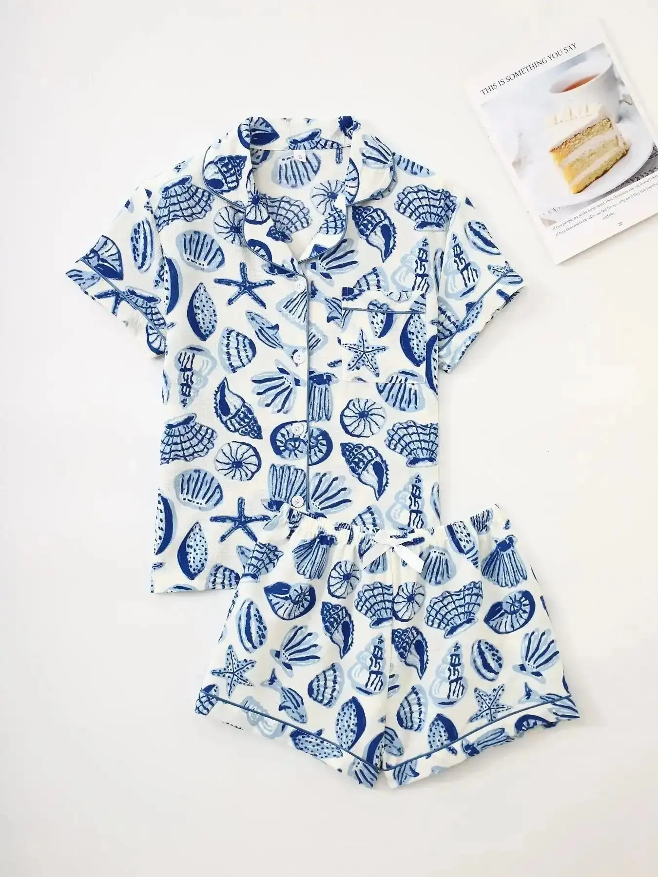 Women's All Over Print Shirt & Shorts Pyjama Two-piece Set, Casual Comfy Short Sleeve Collared Top PJ Ladies Summer Sleepwear, Home Loungewear, Pajamas, Womenswear minimalist layering piece capsule wardrobe