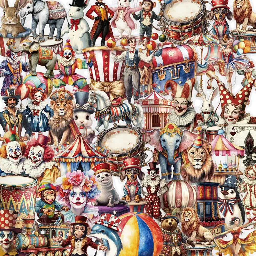Circus Themed Sticker (50pcs), Vintage Cartoon Sticker, DIY Decorative Sticker for Phone Case, Smartphone, Computer, Guitar, Bag, Water Cup, Scrapbook, Screen Protector