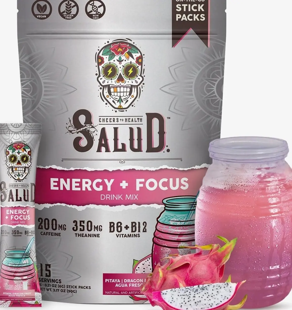 Salud 2-in-1 Energy Drink Powder + Focus, Dragon Fruit, 15 Servings