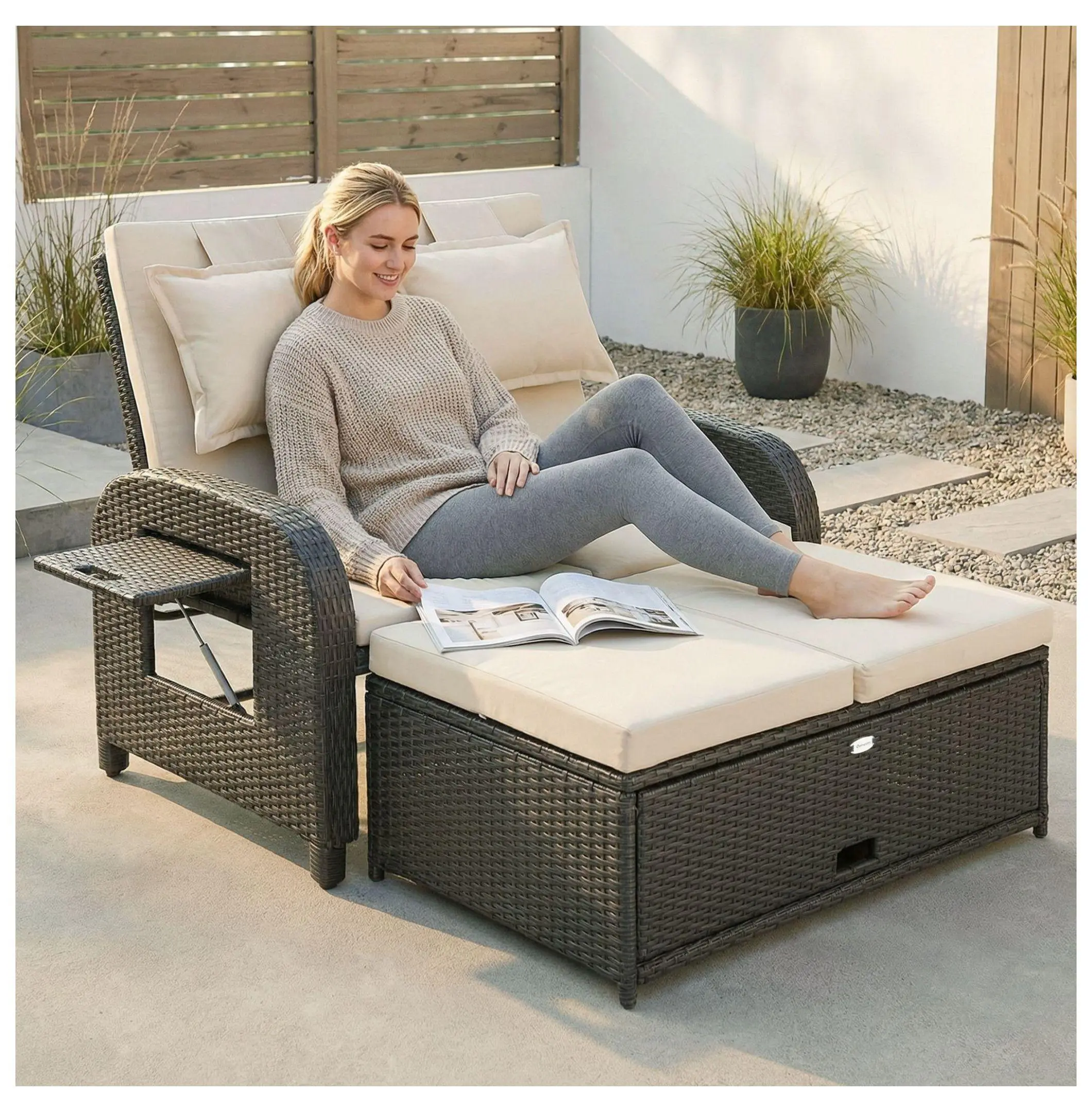 Beige Wicker 2-Seater Patio Daybed Set - Outdoor Convertible Loveseat with Adjustable Backrest, Storage, and Side Tables, Two-Seater