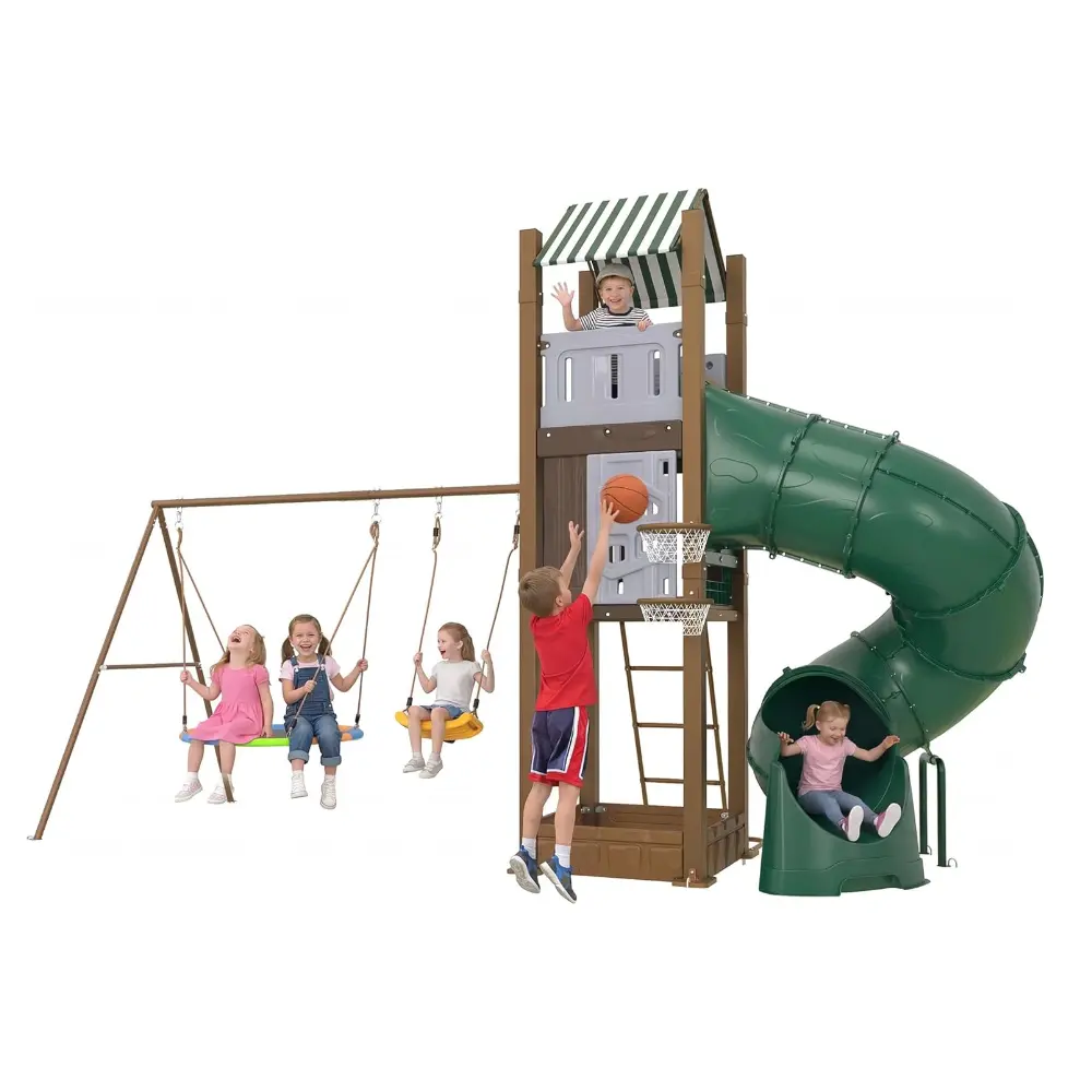 Swing Set for Backyard with Turbo Tube Slide, All‑in‑1 Kids Outdoor Playhouse Equipment for Ages 3–8+ – Includes Swings, Climbing Ladder, Sandbox & Basketball Hoop – Large Outdoor Playset for Toddlers
