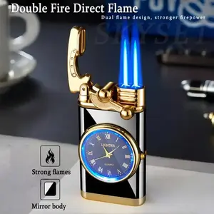 (Not inflated) Windproof Dual Flame Lighter(Butane Not Included) with Vintage Analog Clock Face & Black Retro Design - Adjustable Blue Flame, Windproof & High Quality, Ergonomic Grip, Refillable Butane Lighter for Camping, Hiking, Gifts for Men