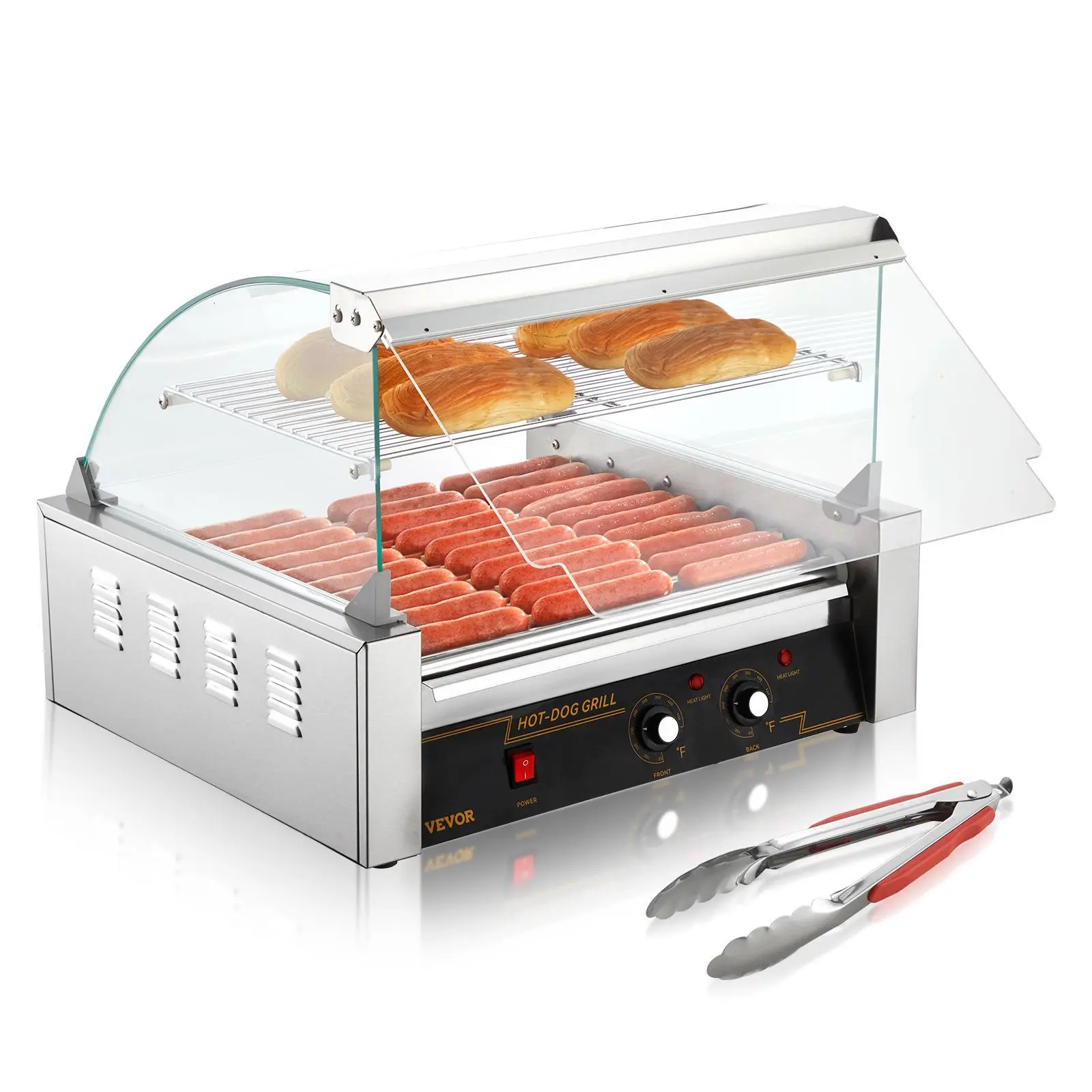 【Backtoschool】VEVOR Corded Stainless Steel Hot Dog Roller Grill Cooker Machine, 11 Rollers, 30 Hot Dogs Capacity, 1650W, Dual Temp Control, Glass Hood, Acrylic Cover, Bun Warmer Shelf, Removable Drip Tray, ETL Certified for Barbecues, Brush Included, Remo