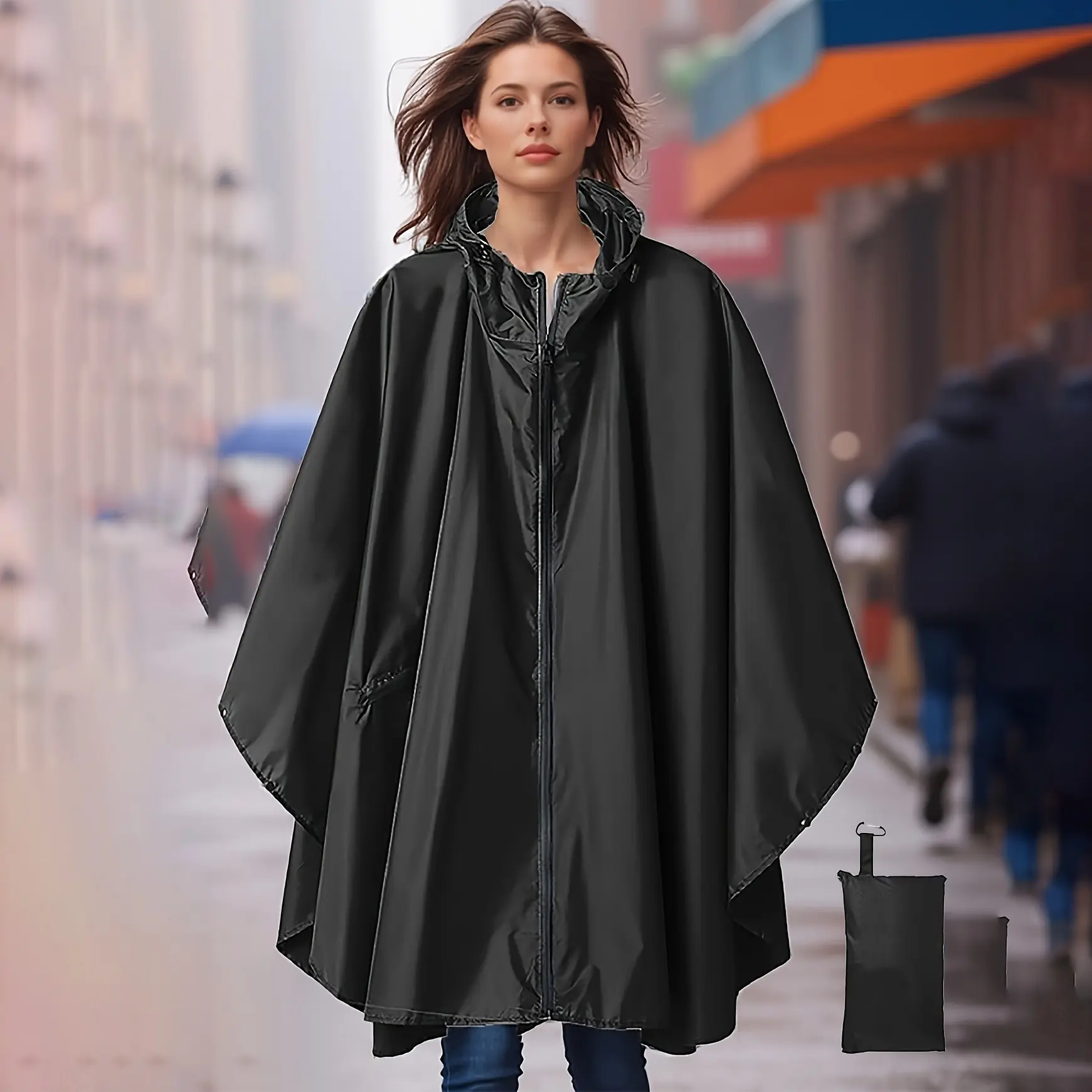 Adult Hooded Raincoat Poncho with Large Pockets, Zipper Closure, Lightweight Windproof Waterproof Unisex Weatherproof Rainwear for Hiking Camping Outdoor Travel