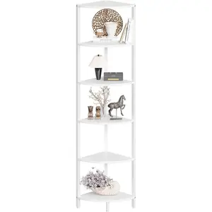 6 Tier Corner Shelf 63.1" Tall Corner Shelves Stand Ladder Shelf Metal Standing Bookshelf Organizer Display Rack Bookcase  Stand Industrial Rustic for Living Room Bedroom White CS-001W1