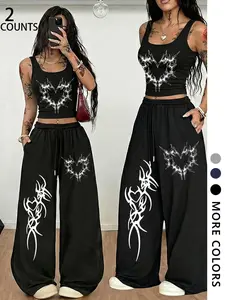 Gothic Street Style Thorn Heart Print Women's Two-Piece Set, Short Sleeve Crop Top Camisole, Elastic Waist Adjustable Drawstring Casual Sporty Wide Leg Pants Sleeveless, Clothes Womenswear Lady