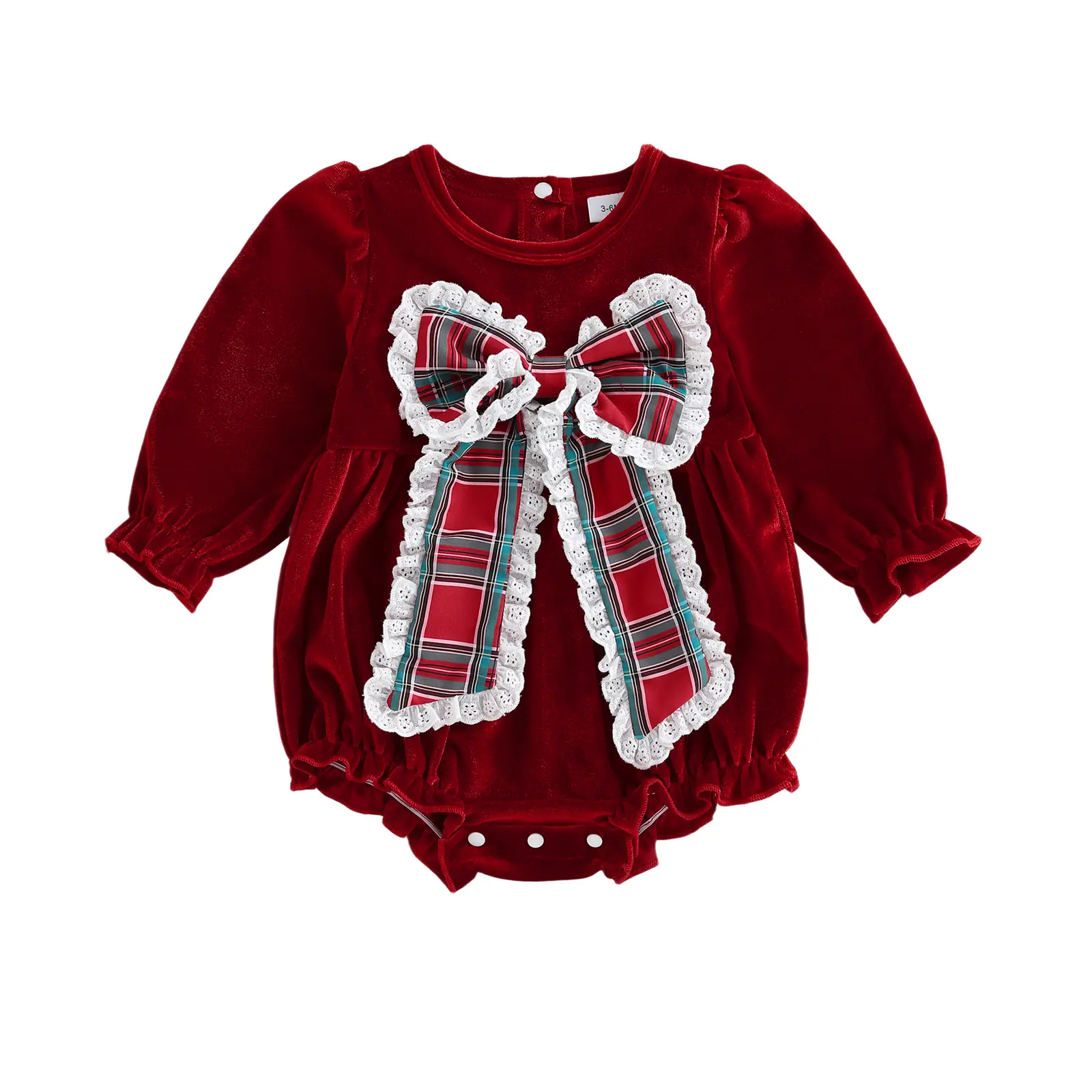 Baby Girl Christmas Velvet Romper Newborn Cute Lace Trim Gingham Big Bow Xmas Onesie Bodysuit Xmas Fall Winter Clothes, Bodysuit Set