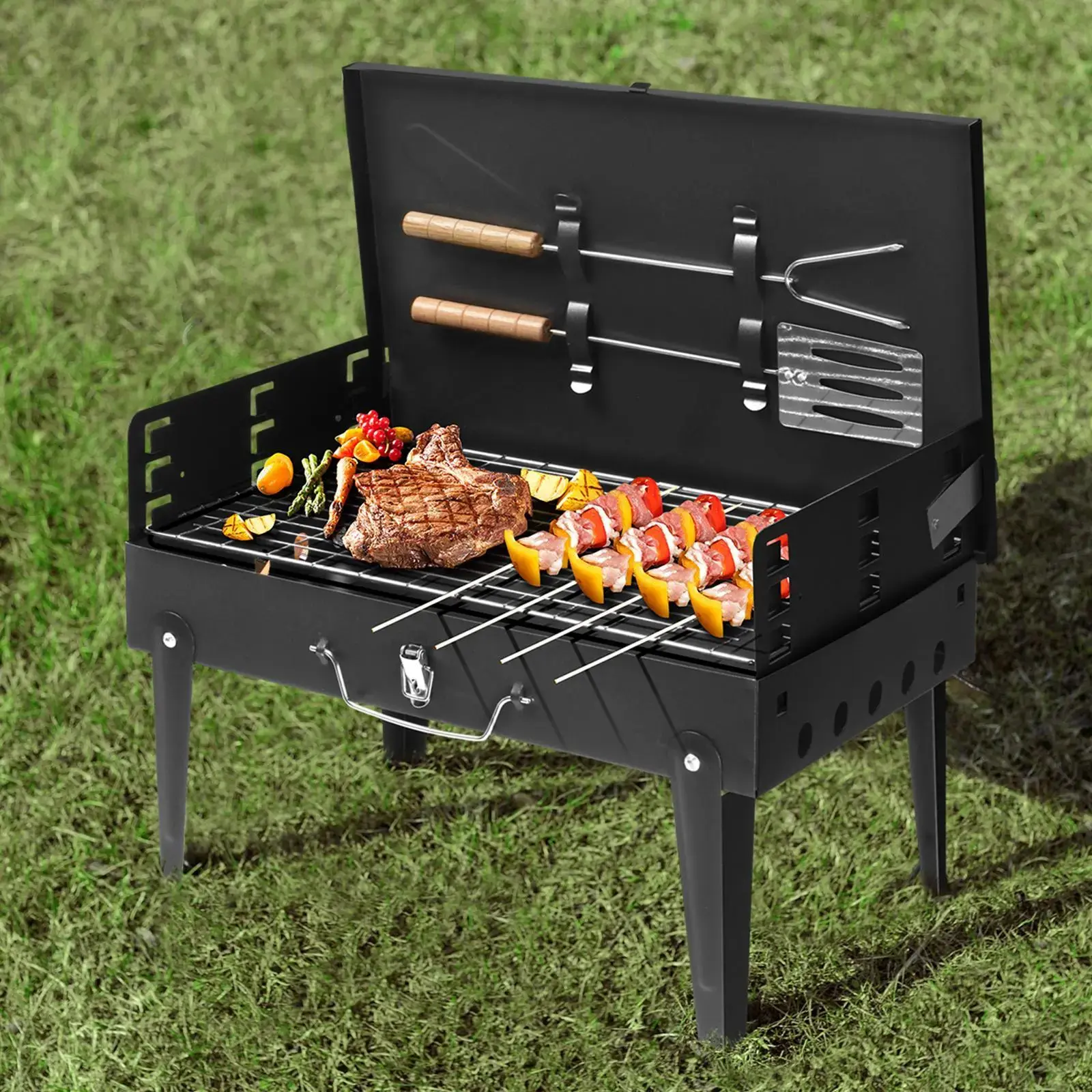 Cast Iron Open Flame Grill, Portable Tabletop Charcoal BBQ with Adjustable Height, Foldable for Backyard, Camping & Tailgating, Backyard Bbq, Collapsible, Outdoor Cooking, Small Size, Easy To Clean, Even Heat Distribution