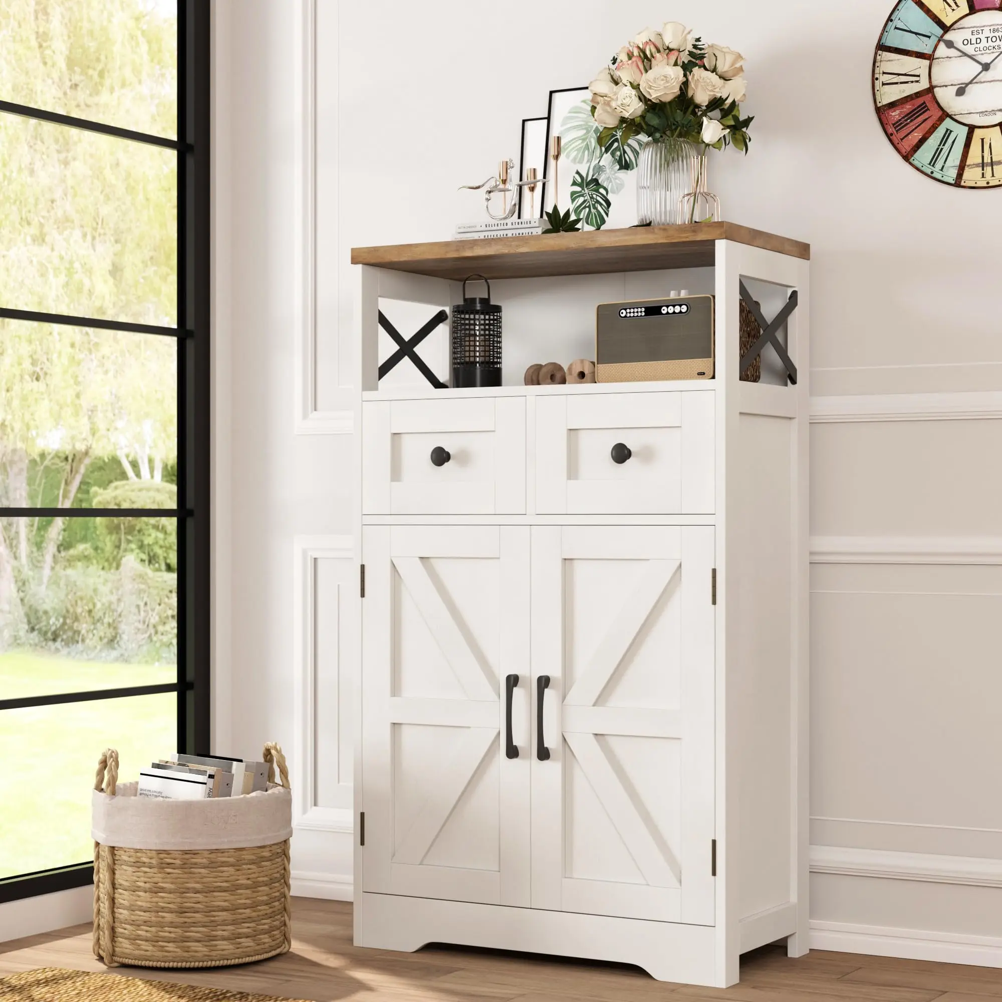 [Summergarden] Vabches Farmhouse White Storage Cabinet with Doors and Drawers, Freestanding Kitchen Pantry Cabinet, Floor Storage Cabinet Hutch Cupboard for Kitchen/Laundry/Living Room/Bedroom
