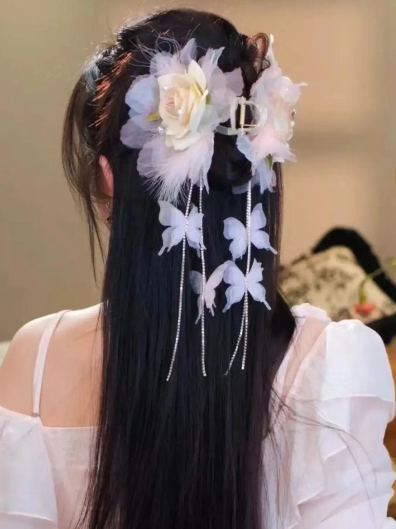 Butterfly Flower Fringe Feather Hair Clip, Handmade Soft Fluffy Hair Accessory, Casual Floral Hair Pin for Daily, Butterfly Clips, Butterfly Hair Accessories, Decorative Hair Clips
