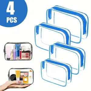 4 Packs Clear Blue Makeup Bags, Waterproof Organizer Bags with Zipper, Transparent Travel Cosmetic Pouch, TSA Approved Toiletry Case for Vacation Airport Airline Compliant