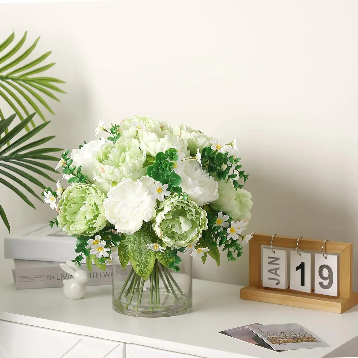 Gaomon 17-Piece Fade-Proof Photorealism Silk Peony Bouquet - Elegant Real-Touch 3D-Printed Artificial Flowers in Glass Vase with Faux Water for Wedding Centerpieces, Home/Office Table Decor