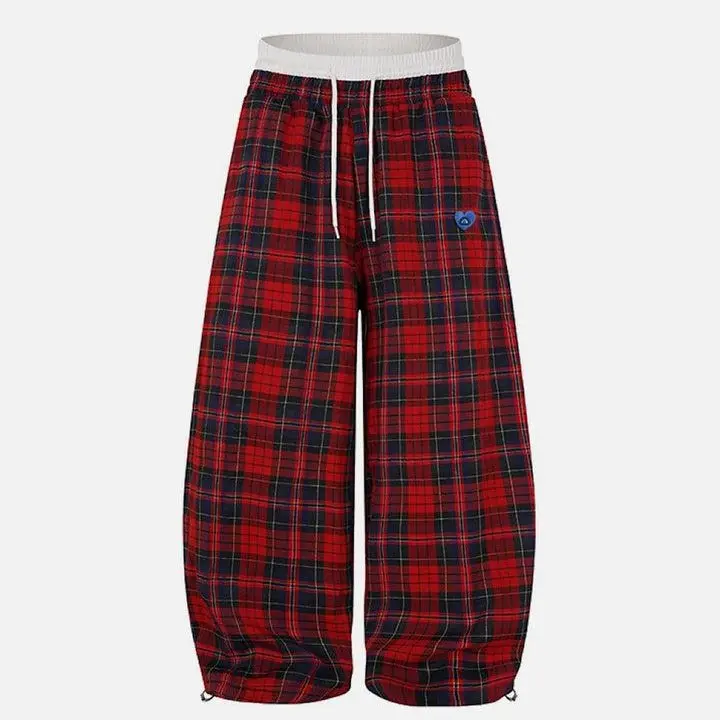 Aelfric Eden Double Waist Plaid Baggy Sweatpants High Waist Balloon Barrel Silhouette Double Waistband Design Classic Red Plaid Fabric Adjustable Ankle Drawstring Retro Streetwear Unisex Bottoms