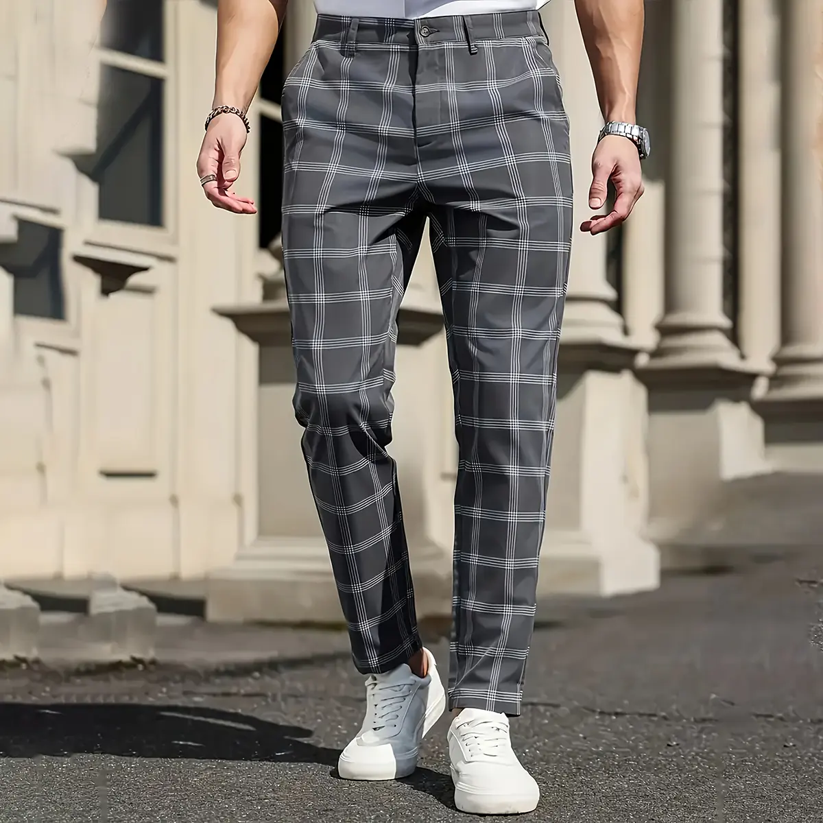 Versatile Checkered Men's Trousers with Tailored Silhouette and Flexible Stretch Material Perfect for Transitioning from Professional Settings to Casual Outings Grey Checked