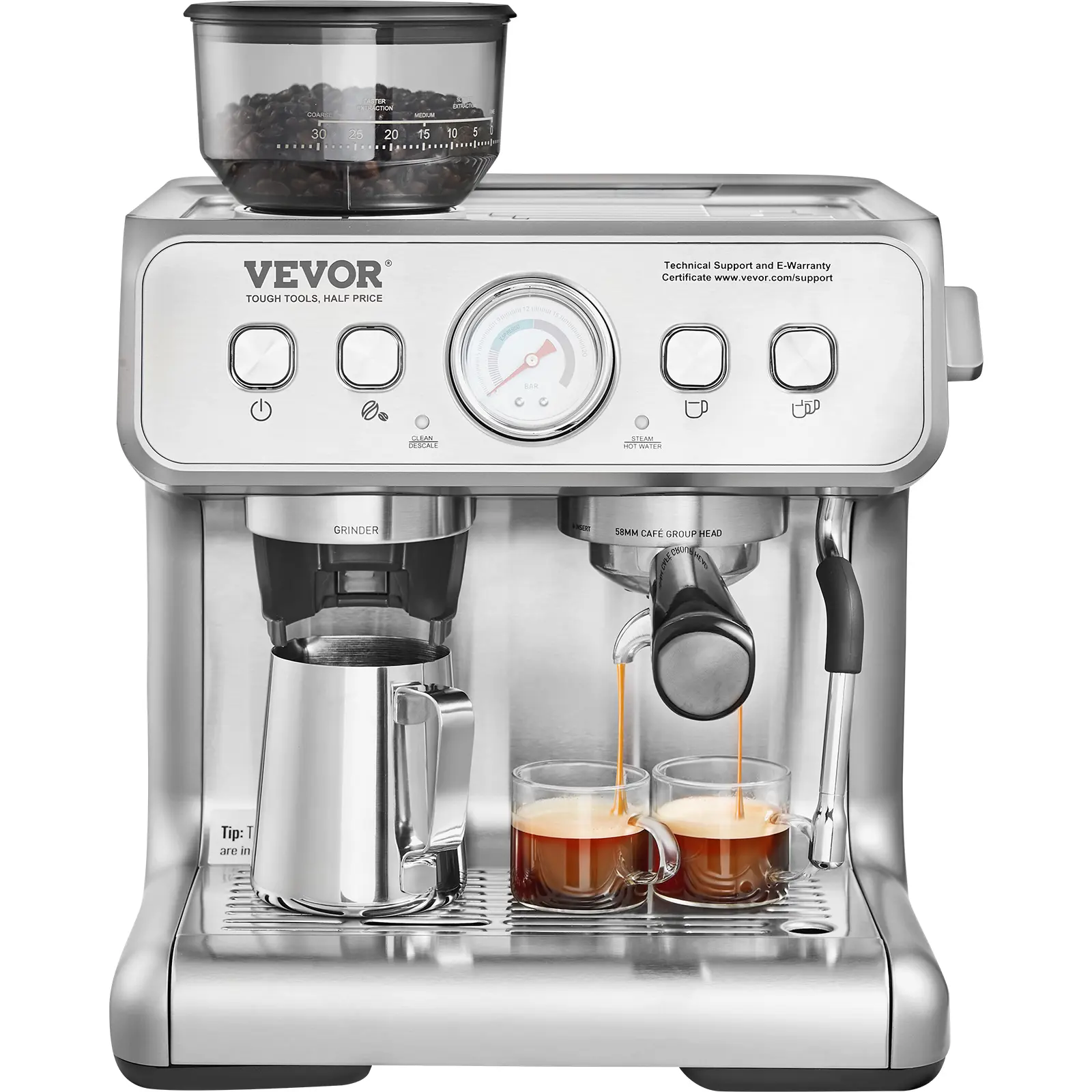 【summerfinds】VEVOR 15 Bar Power Semi-Automatic Espresso Machine with Grinder & Steam Wand Milk Frother, PID Control, Removable Water Tank, Pressure Gauge, Descaling Function, Automatic Shut-Off for Cappuccino, Latte, Customizable Grinding, Automatic Power