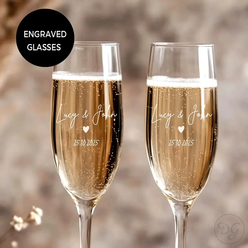 Personalized Champagne Glass Set of 2 Engraved Wedding Anniversary Gift, Wedding Champagne Flute, Bridesmaid Glasses