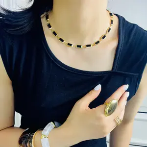 Gold plated black glass adjustable choker necklace for women, boho layered crystal statement jewelry, hypoallergenic stackable gift for women