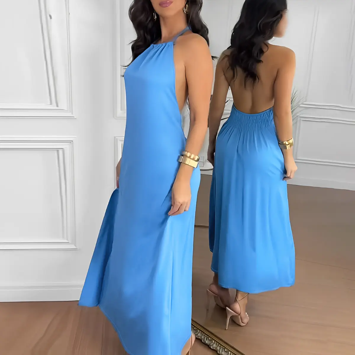 CHICME Women's Halter Tie Sleeveless Backless Maxi Dress Casual Shirred Back Side Slit Vacation Dress/Summer Dress/Seaside Vacation Sleeveless Skirt