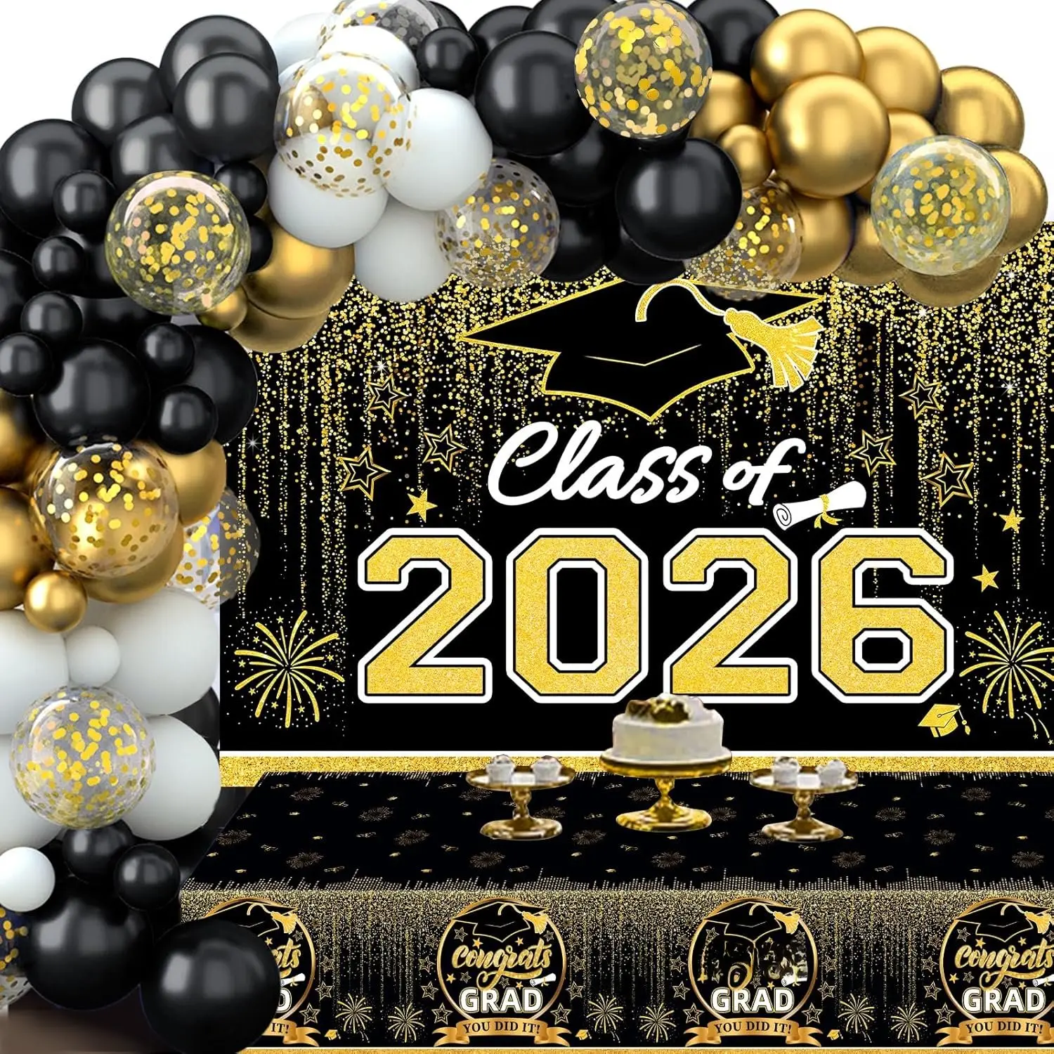 2026 Graduation Decor Kit - Blue Gold Synthetic Disposable Party Supplies Set with Colorful Balloon Garland, 86x51-inch Vinyl Wall Backdrop, 59x39-inch Stain-Resistant Congrats Grad Tablecloth, Confetti for High School Grad Parties
