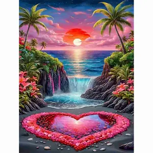 Romantic Tropical Sunset Diamond Painting Kit, featuring a heart-shaped flower pool on a black sand beach, cascading waterfalls, palm trees and a glowing sunset over the ocean, 5D round & square rhinestone DIY cross stitch home decor art