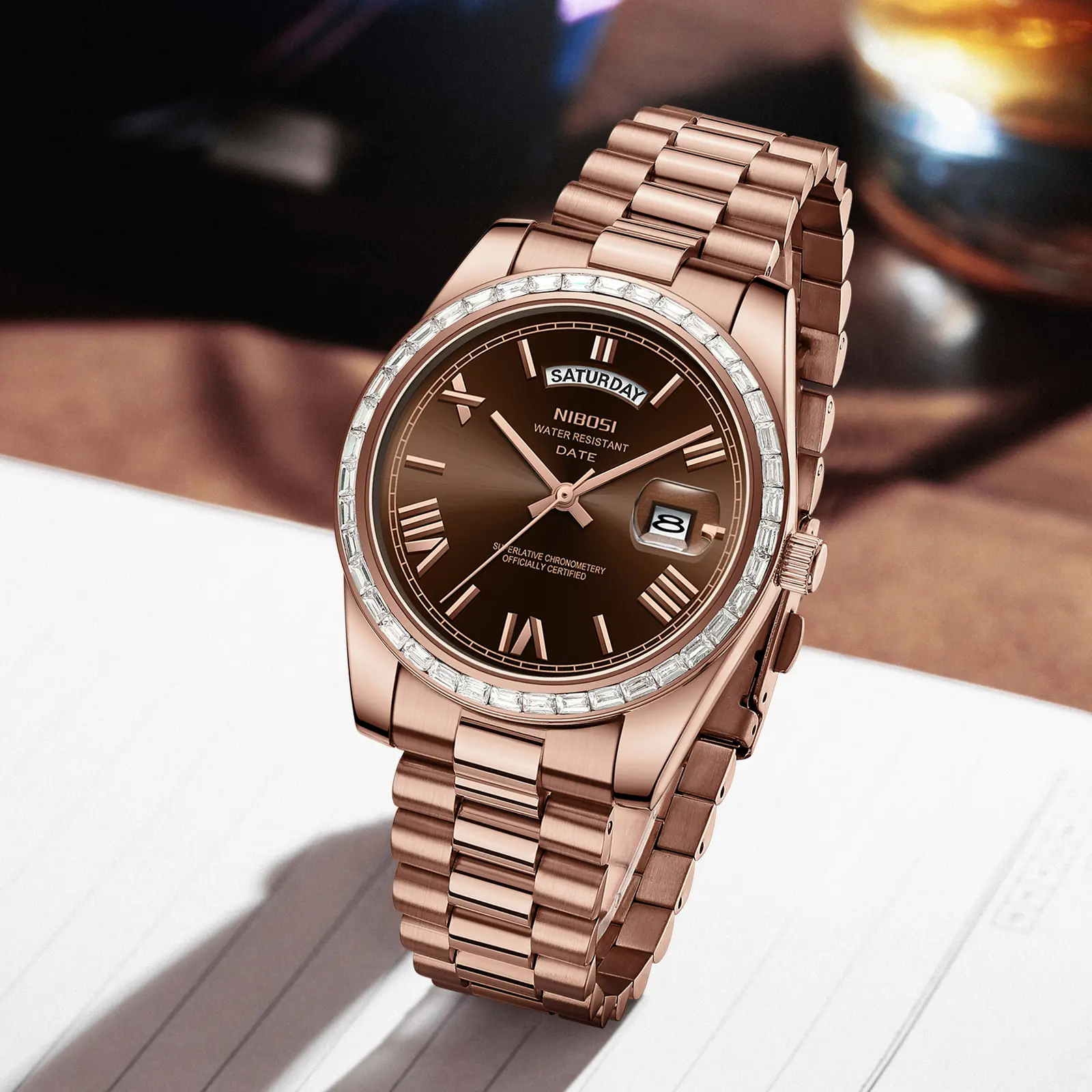 NIBOSI Men's Luxury Classic Analog Quartz Wristwatch - 40mm Mineral Glass, All-Metal Diamond Bezel, Stainless Steel Bracelet, 30M-50M Water Resistant, Day-Date Dual Display, Business Casual High-End Accessory Gift
