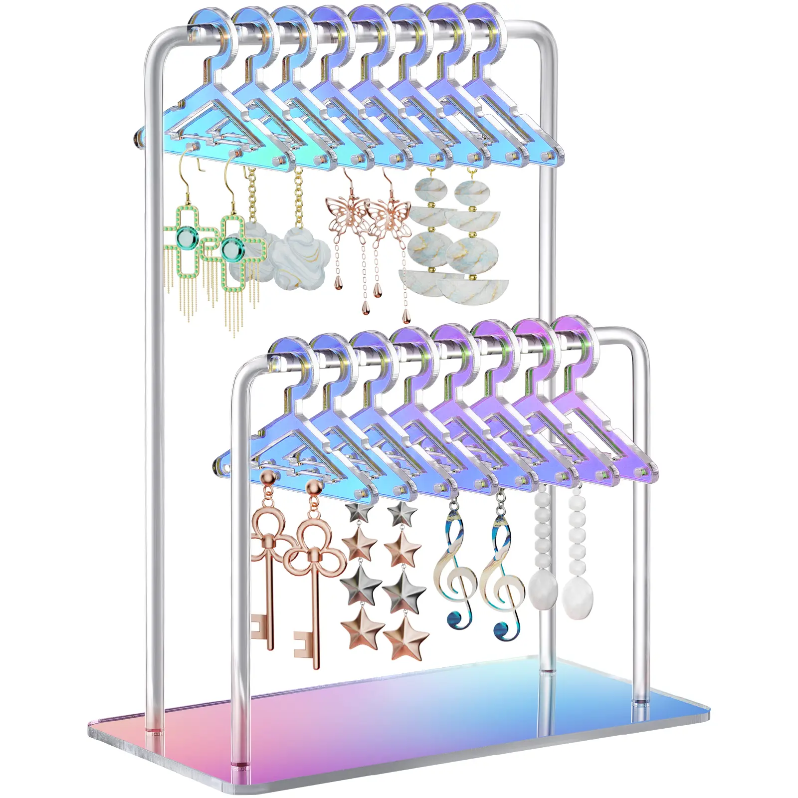 NiHome Modern Acrylic Earring Holder - Home Decor, Unique Double-Tiered Design with Miniature Clothing Hangers, 48-Pair Mirror-Finish Home Supplies Storage Organizer