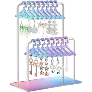 NiHome Acrylic Earring Holder with Unique Double-Tiered Design, Miniature Clothing Hangers for 48 Pairs, Mirror-Finish Display Racks jewelry organizer