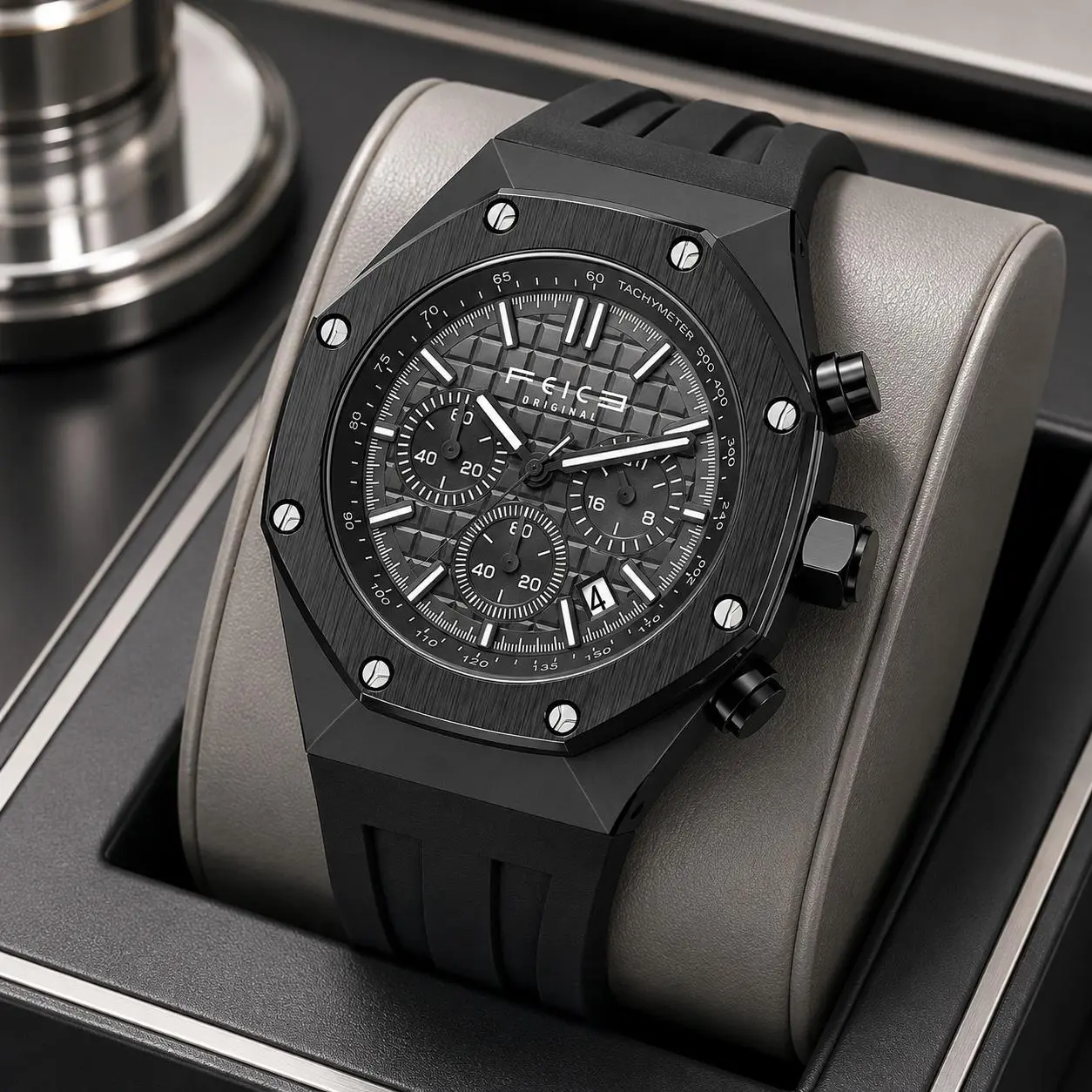 GGZZ#FEICE Men’s Analog Chronograph Quartz Watch, Octagon Screw-Bezel, Tachymeter Grid Dial, Triple Sub-Dials, Date Display, Premium Rubber Strap, Analog Chronograph Watch, Octagon Bezel