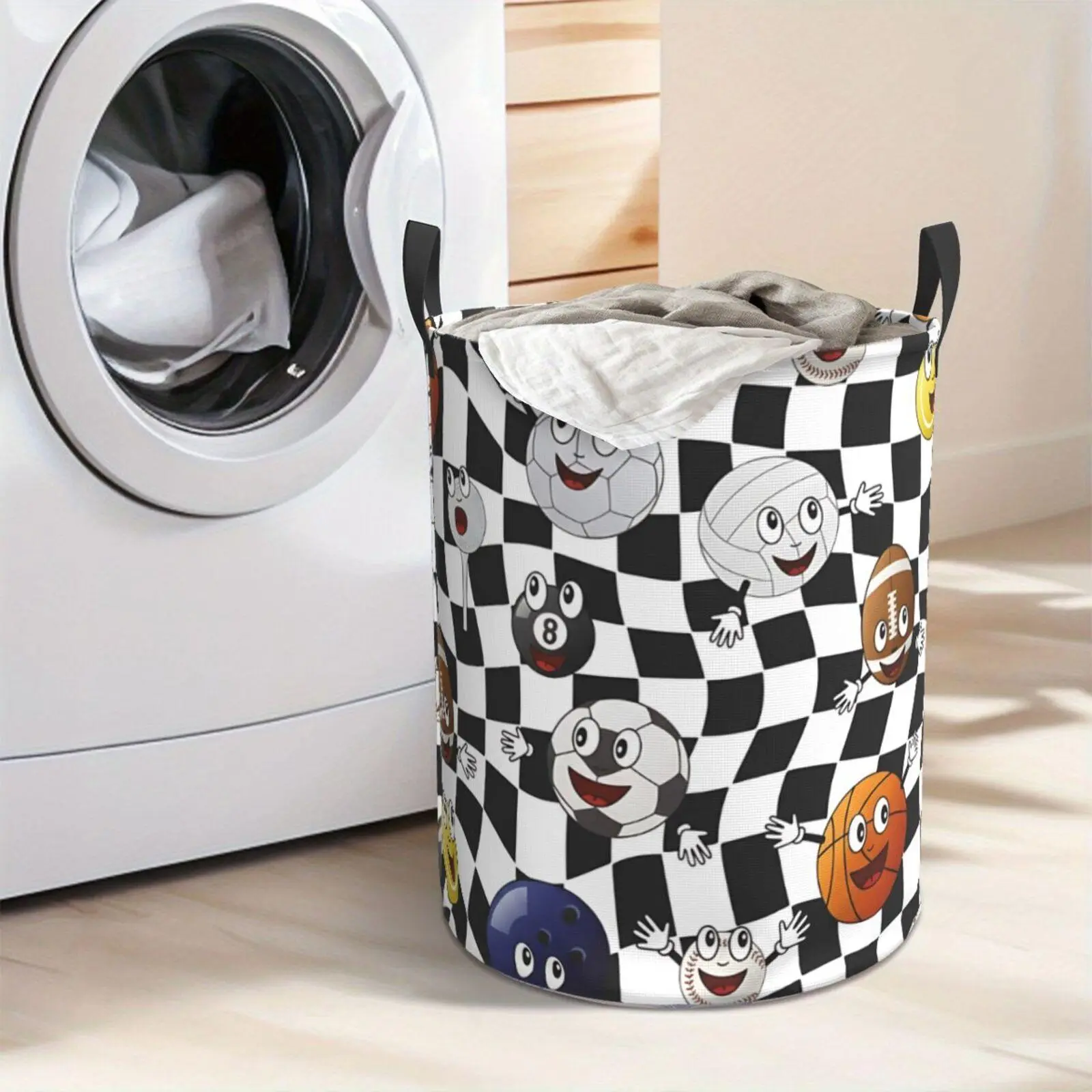 Cute Sports Balls Checkerboard Laundry Hamper  Portable Storage Hamper with Sturdy Handle， Oxford Cloth， Easy to Store and Collapsible Design， Laundry Baskets
